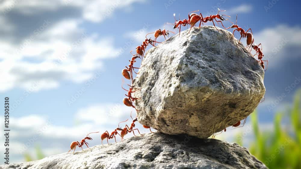 Ants pushing rock up hill displaying teamwork and strength