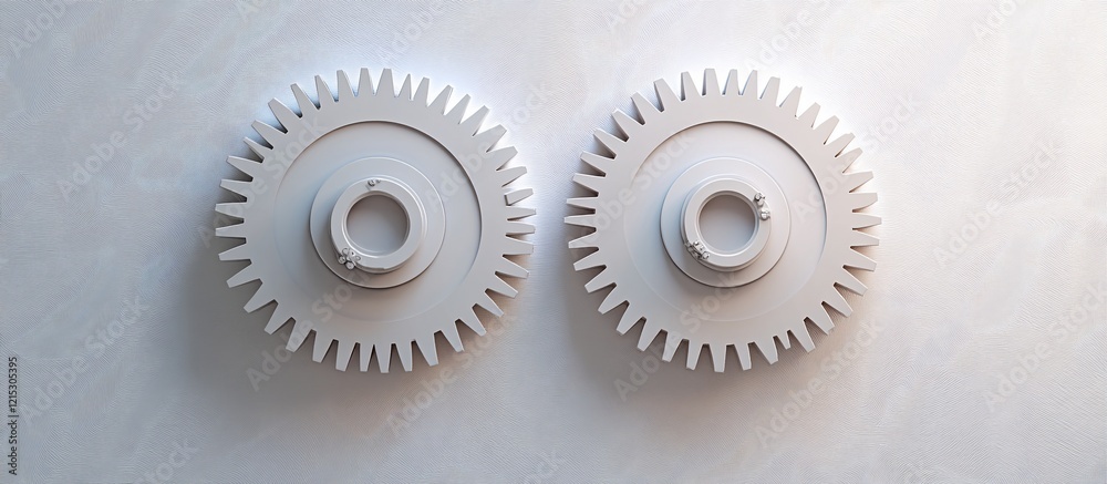 White gears meshing on white background; teamwork concept White gears meshing on white background; teamwork concept