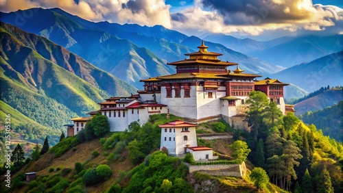 Majestic Wangdue Phodrang Dzong, Bhutanese Buddhist Fortress, Ancient Architecture, Himalayan Landscape photo