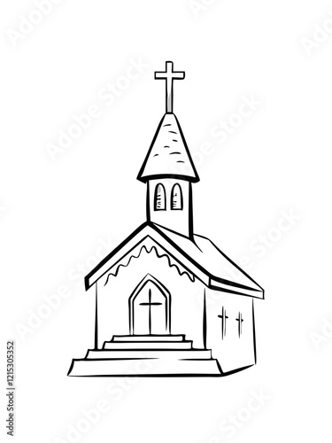 Line art illustration of a church building with a cross for religious and spiritual themes