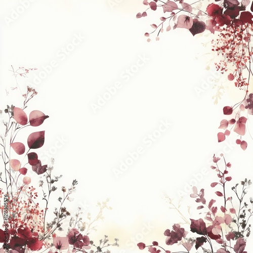 Fototapeta Naklejka Na Ścianę i Meble -  Watercolor Floral Frame With Delicate Reddish Brown Leaves And Branches