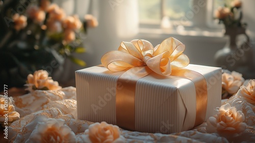 Pastel beige gift box tied with a ribbon and bow.