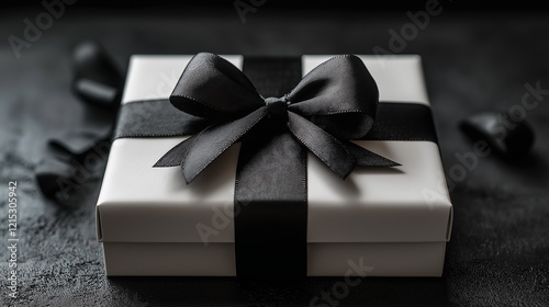 White gift box tied with black ribbon and a bow.