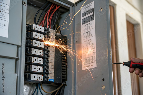 A person is adjusting a circuit breaker, creating sparks, highlighting electrical work and safety concerns. photo