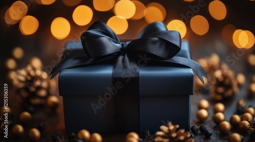 Blue gift box tied with a ribbon and a bow.