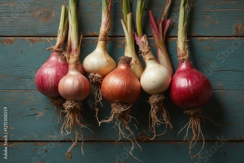 five onions are hanging on a wooden table photo