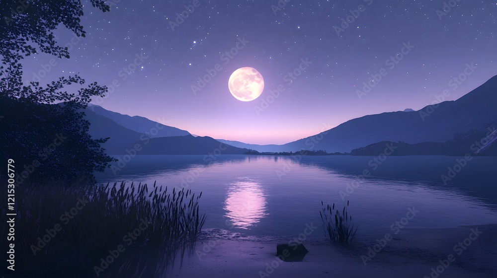 Serene Night Lake Mountainscape Under Full Moon Light Serene Night Lake Mountainscape Under Full Moon Light