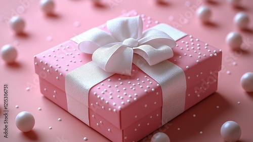 Pastel pink gift box tied with a ribbon and bow.
