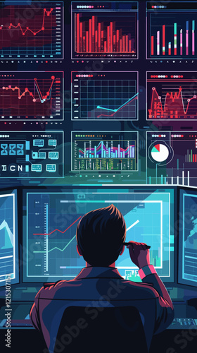 Businessman Analyzing Sales Data and Growth Charts on Computer Network Interface