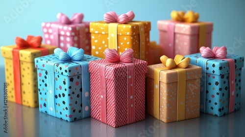 Different colors gift boxes tied with a ribbon and bow.