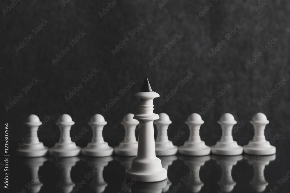 Chess pieces. White pawns stand in a row behind the white chess king. Board game. Chess pieces. White pawns stand in a row behind the white chess king. Board game.