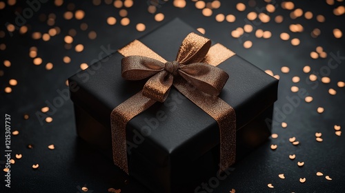 Black gift box tied with gold ribbon and a bow.