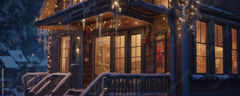Fototapeta premium Exterior of a Christmas house with snowflakes and icicles hanging from the eaves, snowflakes, icy landscape, icicles