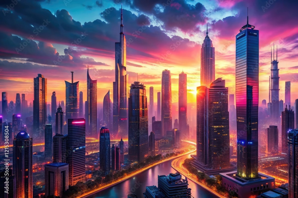 Fototapeta premium Fantastical cityscape at sunset with towering skyscrapers and glowing neon lights, futuristic, bold colors, architectural, dynamic composition