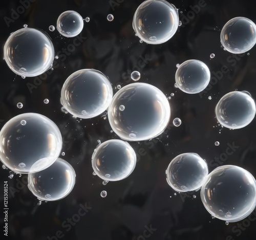 Collection of large white bubbles suspended in mid-air against a dark background , illuminated object, spherical, inflated