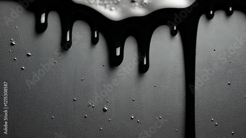 A close-up of black liquid dripping on a textured surface.