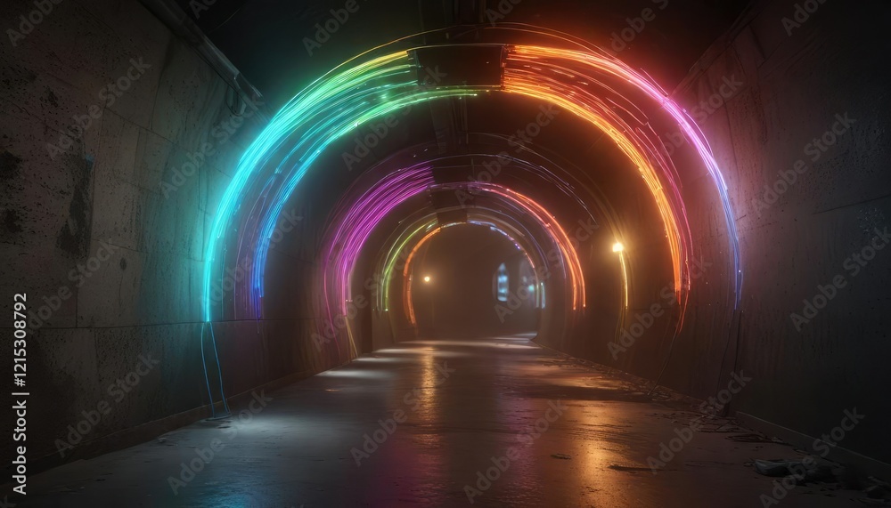 Fiber optic cables with colorful, glowing ends connected to a tunnel's ceiling, cable lighting design, colored light beams, fiber optic installation Fiber optic cables with colorful, glowing ends connected to a tunnel's ceiling, cable lighting design, colored light beams, fiber optic installation