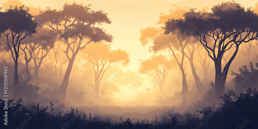 Foggy Morning in a Dense Forest with Silhouettes of Trees Foggy Morning in a Dense Forest with Silhouettes of Trees