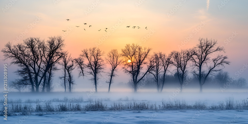 Foggy Winter Morning with Silhouettes of Leafless Trees Foggy Winter Morning with Silhouettes of Leafless Trees