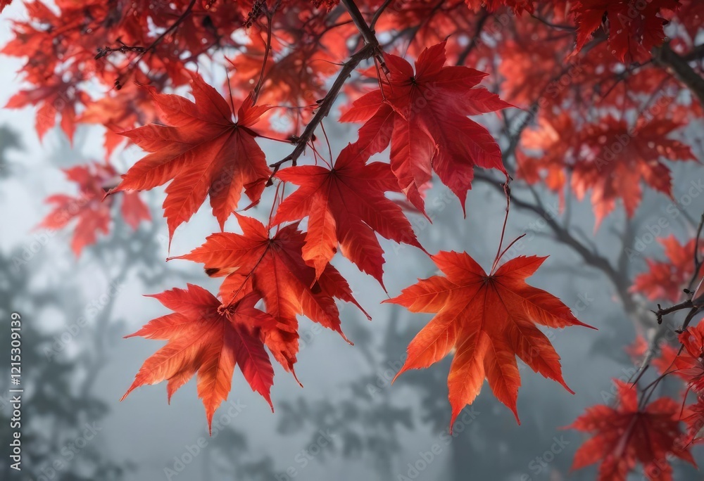 Colorful composition of bright red maple leaves on a branch, colorful composition, seasonal change, fall color palette Colorful composition of bright red maple leaves on a branch, colorful composition, seasonal change, fall color palette
