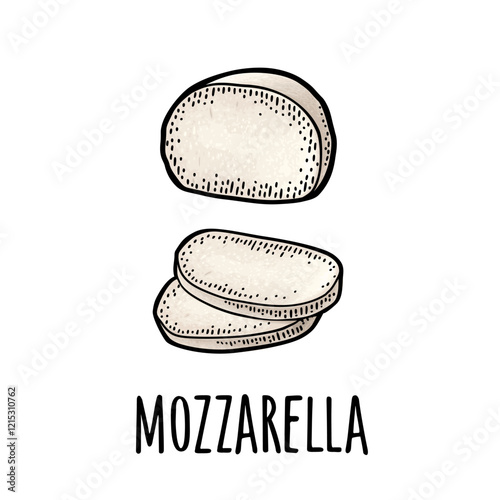 Mozzarella half and slices. Vector color vintage engraving illustration isolated on white background.
