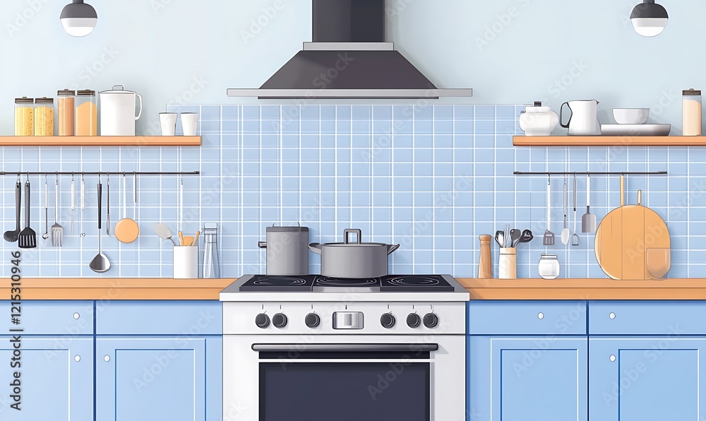 Fototapeta premium illustration of a kitchen with a stove, oven, sink