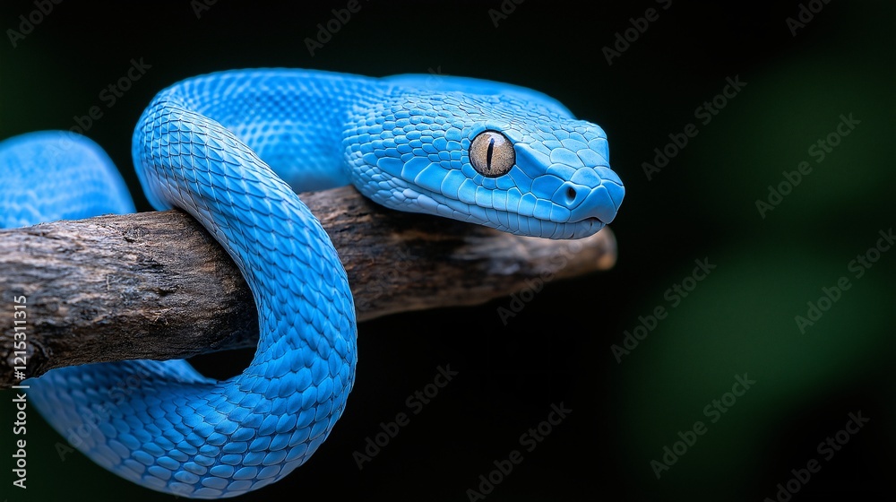 Fototapeta premium Closeup of blue snake on the branch, with dark background