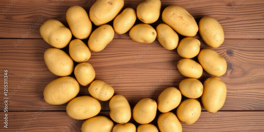 Fresh potatoes arranged in a circular pattern on a wooden table, fields, countryside, garden Fresh potatoes arranged in a circular pattern on a wooden table, fields, countryside, garden