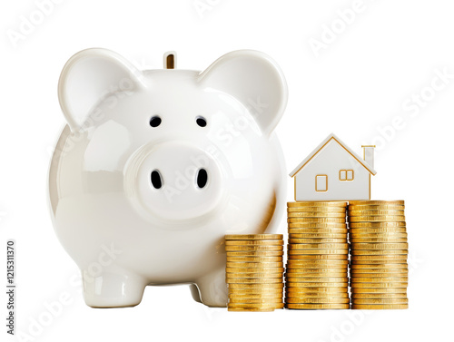 Isolated Piggy Bank with Coins and House photo