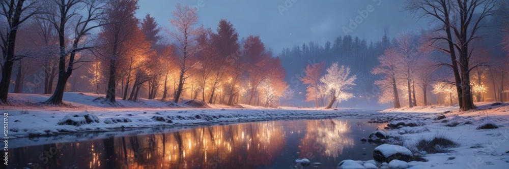 Frosty riverbank with snow-covered trees and twinkling lights , icy landscape , winter scene Frosty riverbank with snow-covered trees and twinkling lights , icy landscape , winter scene