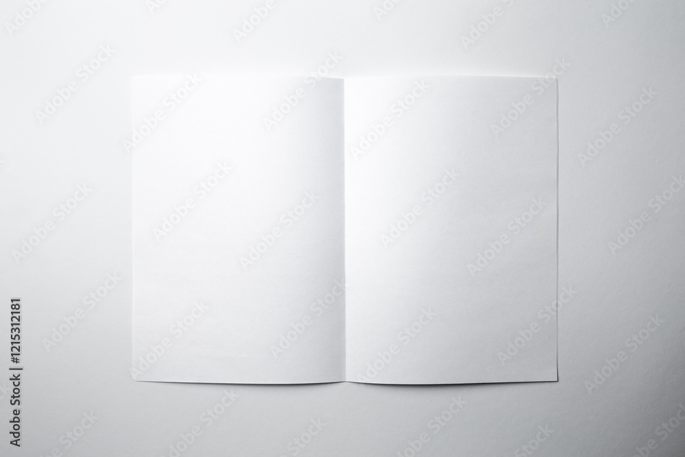 Mock up of a blank booklet with a spread on a white background. White sheet of paper with a vertical fold in the middle, with a shadow Mock up of a blank booklet with a spread on a white background. White sheet of paper with a vertical fold in the middle, with a shadow