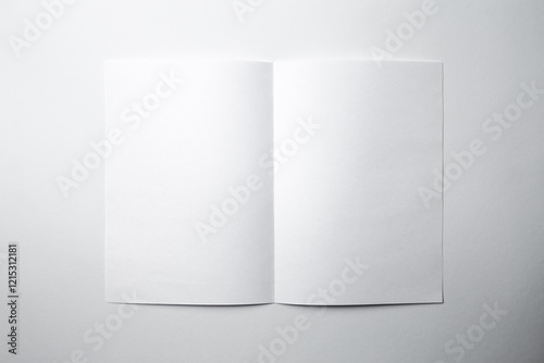 Mock up of a blank booklet with a spread on a white background. White sheet of paper with a vertical fold in the middle, with a shadow