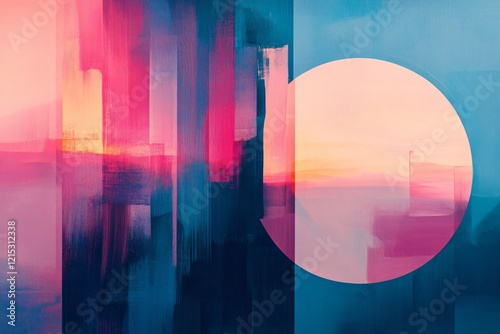 Colorful abstract painting blending geometric shapes and brushstrokes, evoking a dreamlike and surreal atmosphere photo