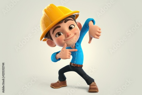 A 3D cartoon construction worker, thumbs down, indicating disapproval or rejection of a project. photo