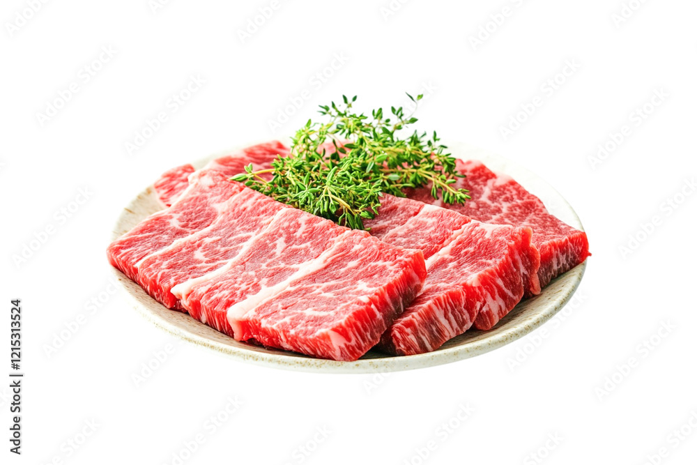 Fresh Beef Slices Ready for Grilling Thyme Garnish Fresh Beef Slices Ready for Grilling Thyme Garnish