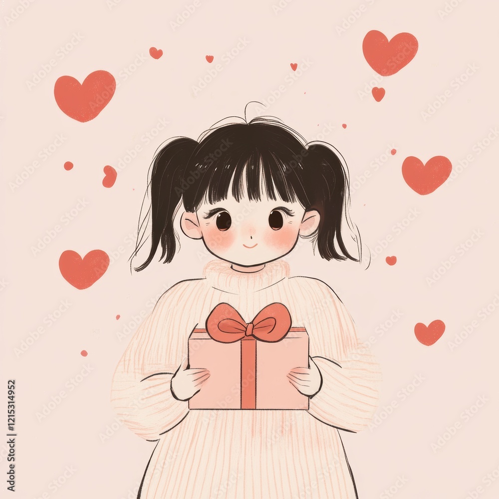 Cute beautiful girl with gift box for Valentine’s Day greeting card design Cute beautiful girl with gift box for Valentine’s Day greeting card design