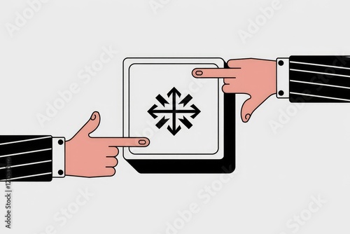 Two hands pointing at a box with a multidirectional arrow symbol, indicating choices or decisions.