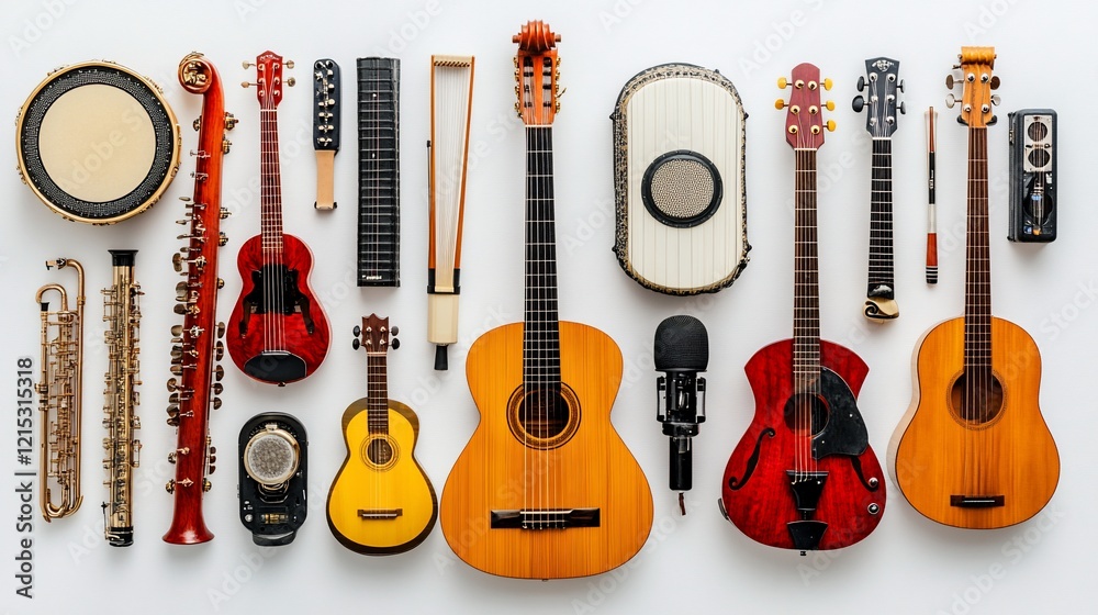 Fototapeta premium Diverse instruments arranged on white background, studio shot, music production concept