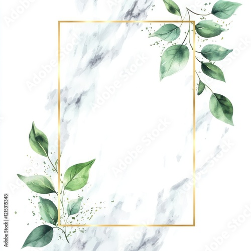 Elegant Watercolor Greenery Frame on Marble Background photo