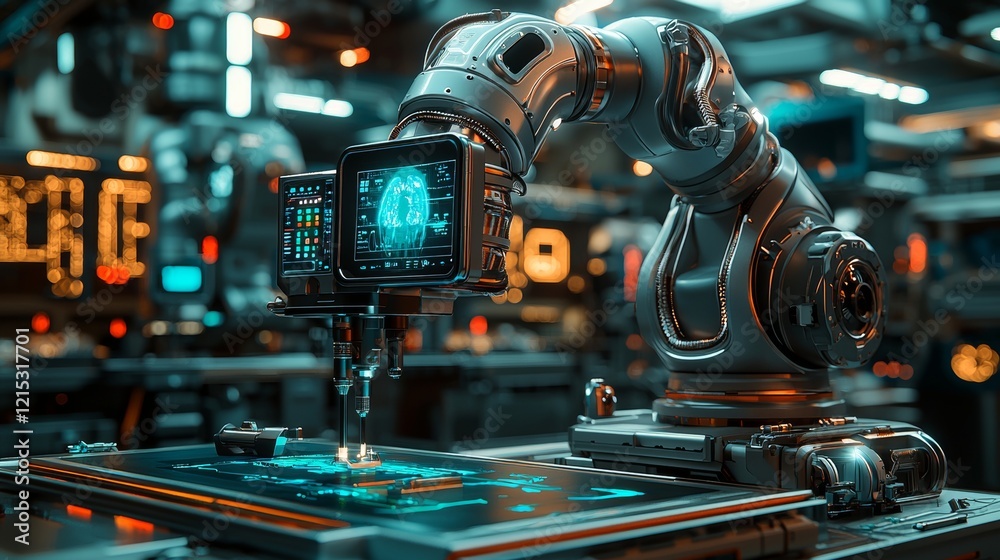 Fototapeta premium Craftsmanship digitalization, workshop environment, modern tools, precise machinery, AR overlays, digital plans, remote teamwork, efficiency enhancement