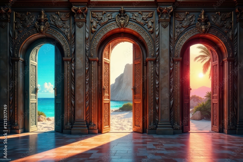 Fototapeta premium Three ornate doors, each leading to a different exotic locale, adventure, sun