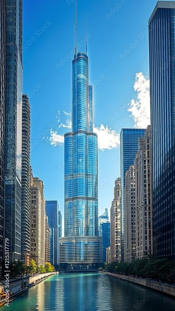 A tall skyscraper reflecting in a river, surrounded by urban buildings. A tall skyscraper reflecting in a river, surrounded by urban buildings.