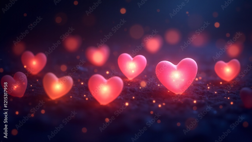 Glowing pink, red, and gold hearts radiate light on a midnight blue background, surrounded by stars and sparkles, creating an ethereal and romantic cosmic ambiance. Glowing pink, red, and gold hearts radiate light on a midnight blue background, surrounded by stars and sparkles, creating an ethereal and romantic cosmic ambiance.