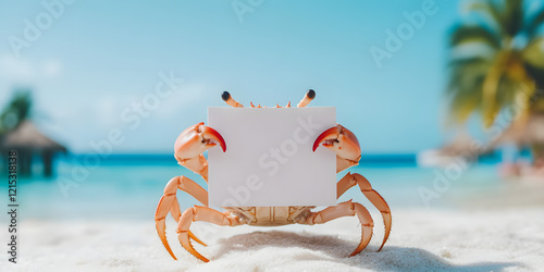 Crab holding blank sign on a tropical beach. Perfect for your summer vacation promotions or travel advertising!  Use this image to create eye-catching designs. photo