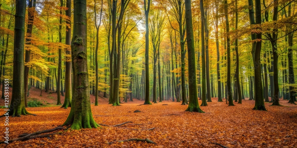 Fototapeta premium Dense forest with towering trees and a carpet of fallen leaves, tall trees, wilderness areas