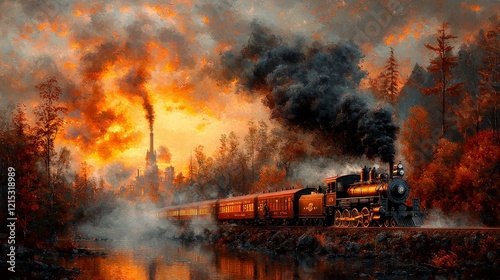 Vintage Train Journey through Autumn Landscape at Dusk Oil Painting Scenic View Artistic Imagery