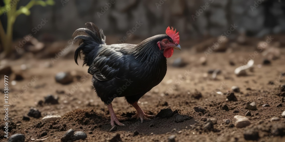 Fototapeta premium Dwarf black Cochinchina chicken scratching in the soil with claws, black, cochinchina