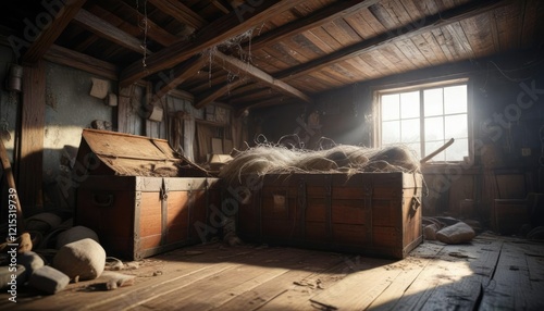 Dusty and cluttered attic with old trunks and cobwebs, vintage, storage, attic