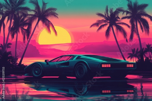 Car retro wave or synthwave background, retro summer sunset wallpaper. 