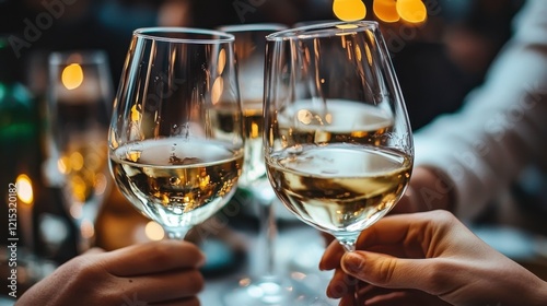 In a joyous atmosphere filled with twinkling lights, friends clink their glasses together, celebrating the meaningful connections and shared memories of their lives.